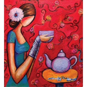 Shazly Khan, My Cup Of Tea And Blooms, 18 x 20 Inch, Acrylic on Canvas, Figurative Paintings, AC-SZK-116